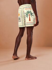 SUMWON Regular Men's Hawaiian Print Beach Swim Shorts With Palm Tree Tropical Design Summer Vacation Resort Swimwear Pull On Style - Yellow - View 2