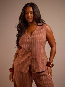 FASHION SZN Plus Size Linen Feel Waistcoat Button Front Smart Tailored Wear To Work Holiday Outfit Plus Size Vacation Outfit Everyday Striped - Brown - View 5