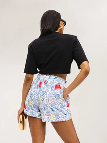 Dancing Leopard White Abstract Print High-Waisted Wide-Leg Shorts, Holiday/Vacation Wear - Multicolor - View 2