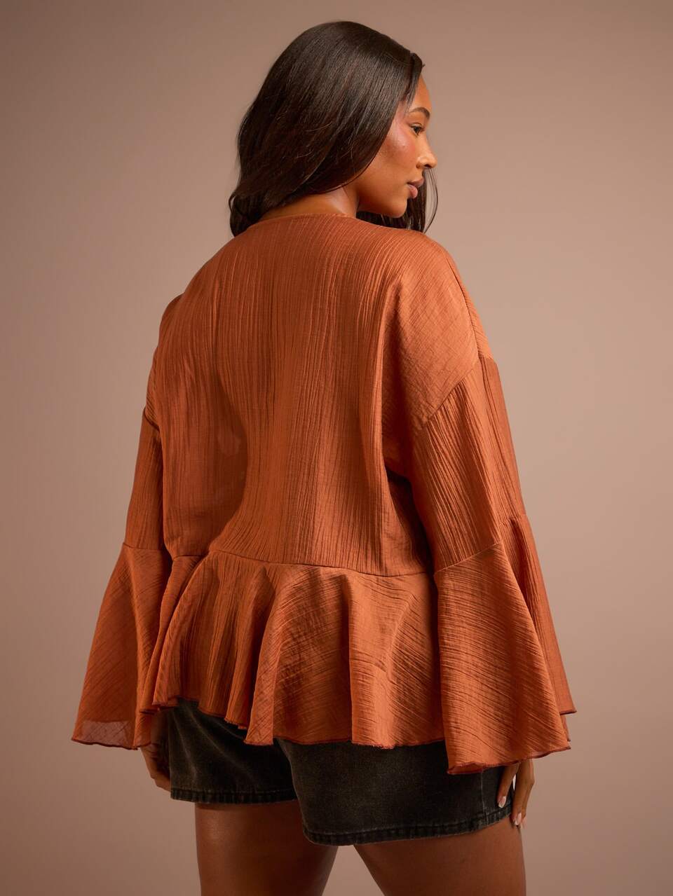 Blusa holgada con volantes y lazo para mujer de talla grande, uso casual, bohemio, festival, Ibiza, vacaciones, ocasión de trabajo, paseo por la ciudad, playa, manga larga, manga acampanada