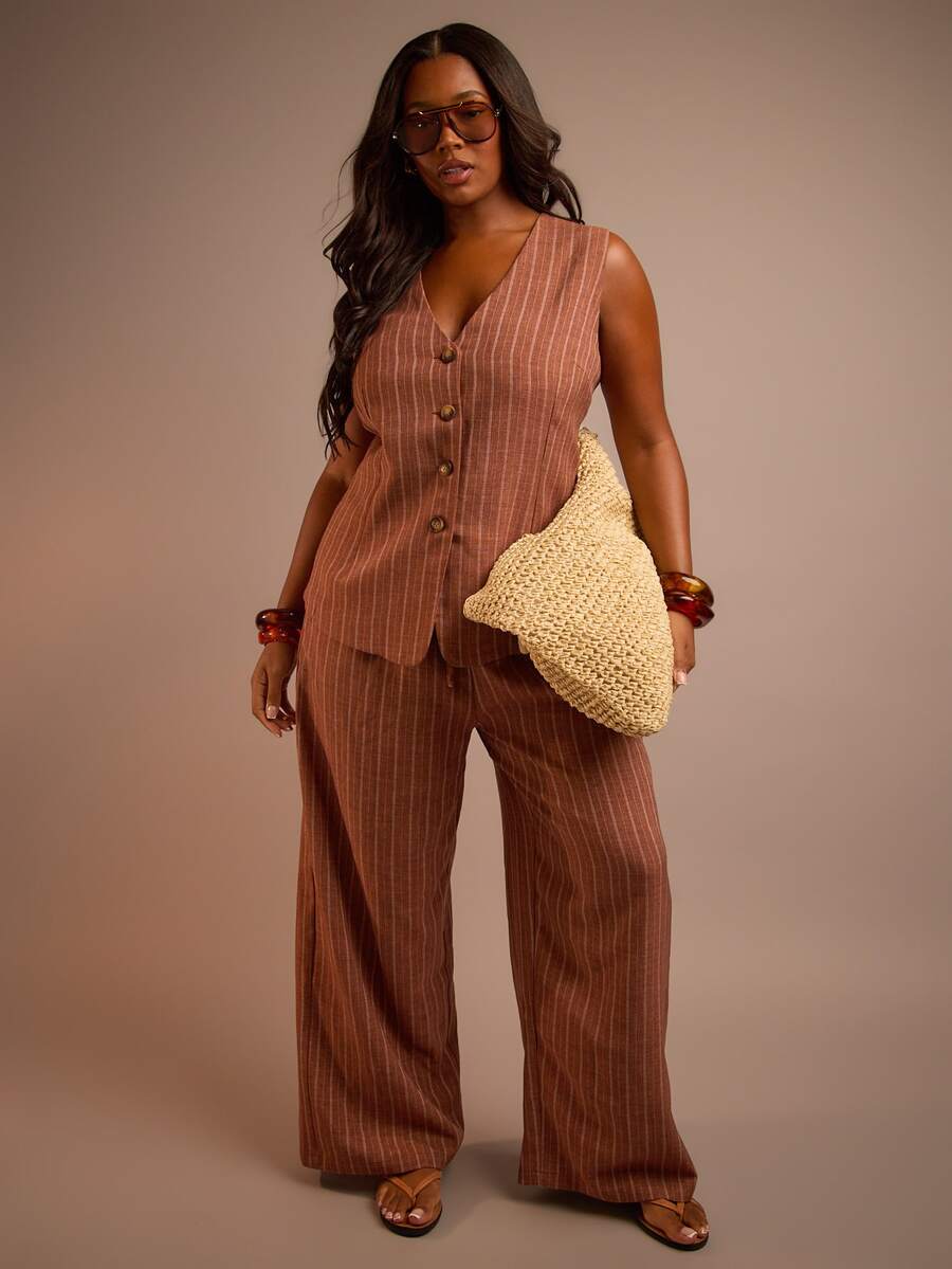 FASHION SZN Plus Size Linen Feel Waistcoat Button Front Smart Tailored Wear To Work Holiday Outfit Plus Size Vacation Outfit Everyday Striped - Brown - View 1