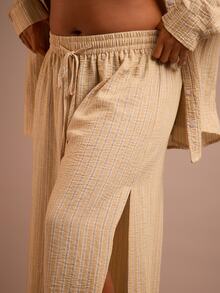 FASHION SZN Plus Size Casual Striped Wide Leg Pants Plus Size Womens Textured Wide Leg Trousers Tie Waist Elasticated Comfy Loose Fit Stripes Beach Summer Holiday Trousers Plus Size Vacation Outfit City Break Chic Airport Travel Ibiza Elegant Comfortable Pockets Drawstring Waist Elegant Cute Sexy Trousers For Vacation Beachwear Everyday Cover Up - Light Yellow - View 4