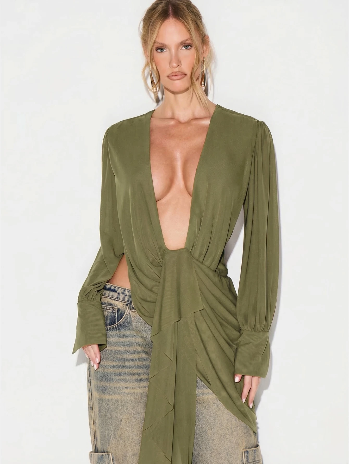 KIZN Mesh Cowl Drape Detail Blouse With Open Back
