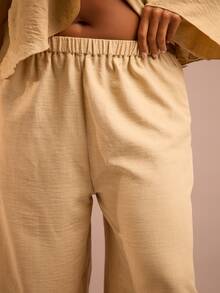 FASHION SZN Plus Size Womens Linen Look Wide Leg Trousers Linen Feel Boho Festival Outfit Elasticated Waist Comfy Loose Fitting Casual Wear To Work Everyday Natural Look Pocket Trousers Beachwear Plus Size Holiday Outfit Vacation Outfit - Khaki - View 4