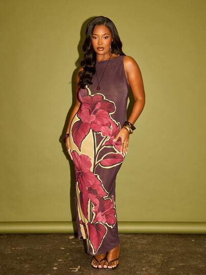 FASHION SZN Đầm midi không tay bằng vải lưới cỡ lớn dành cho nữ, gợi cảm, thanh lịch, thích hợp cho kỳ nghỉ hè, dạ hội, dự tiệc cưới, ôm sát, thoải mái, chất liệu co giãn, thích hợp cho mùa hè, đầm maxi du lịch Ibiza, đầm dài in hoa.