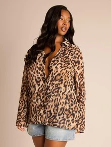 FASHION SZN Oversized Leoparden-Muster Weite Ärmel Chiffon Transparentes Oversized Hemd, Tier Muster Intelligenter Knopfverschluss Lässige Bluse - Verschiedenfarbig - Übersicht 6