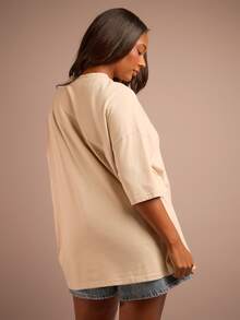 FASHION SZN Plus Size 100% Cotton Oversized Crew Neck T Shirt Fall Autumn Winter New Season Trending Everyday Basics Loose Fit Cool Comfy Summer Outfit Vacation Basics - Khaki - View 2