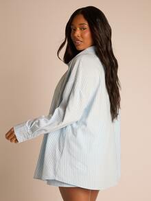 FASHION SZN Plus Size Womens Striped Oversized Shirt Beach Holiday Vacation Outfit Plus Size Summer Holiday Outfit Casual Everyday Wear To Work Stripes Loose Fit Office Travel Airport - Blue - View 2