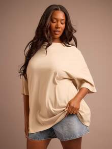 FASHION SZN Plus Size 100% Cotton Oversized Crew Neck T Shirt Fall Autumn Winter New Season Trending Everyday Basics Loose Fit Cool Comfy Summer Outfit Vacation Basics - Khaki - View 4