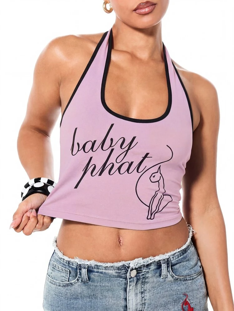 BABYPHAT Regata Cropped de Verão com Estampa, Gola Halter e Recortes Contrastantes em Preto