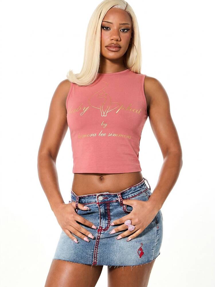 BABYPHAT Women's Sleeveless Tank Top With Glitter Text Print And Cat Silhouette Design Casual Summer Fashion Top