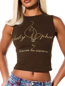 BABYPHAT Áo tank top không tay in hình logo mèo, chất liệu cotton màu nâu, kiểu dáng thường ngày. - Màu nâu Sô-cô-la - Xem 1