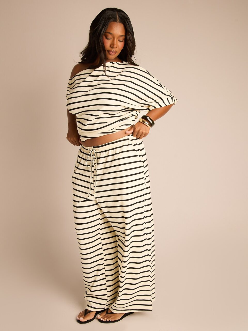 Plus Size Ladies Off Shoulder Waffle Striped Top. This Is A Top Only Trousers Are Sold Separately Ruched Side Cinched Waist Comfort Stripes Summer Plus Size Holiday Outfit Vacation Outfit Plus Size Tank Top City Break Beachwear Holiday Wear To Work Everyday Basics Chic Casual Elegant. Trousers Sold Separately Top Only