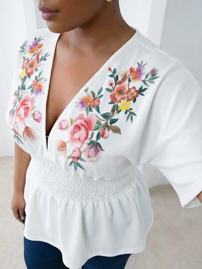  ELLERISSA Plus Size Curve Top For Women, White Floral Embroidery V Neck Short Sleeve Smocked Waist Peplum Blouse, Elegant Spring Summer Boho Vacation Casual Top, Plus Size Tops For Women, Embroidered Blouse