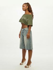 SUMWON WOMEN Womens Off Shoulder Crop Top With Rhinestone Logo Short Sleeve Summer Casual Tee - Army Green - View 5