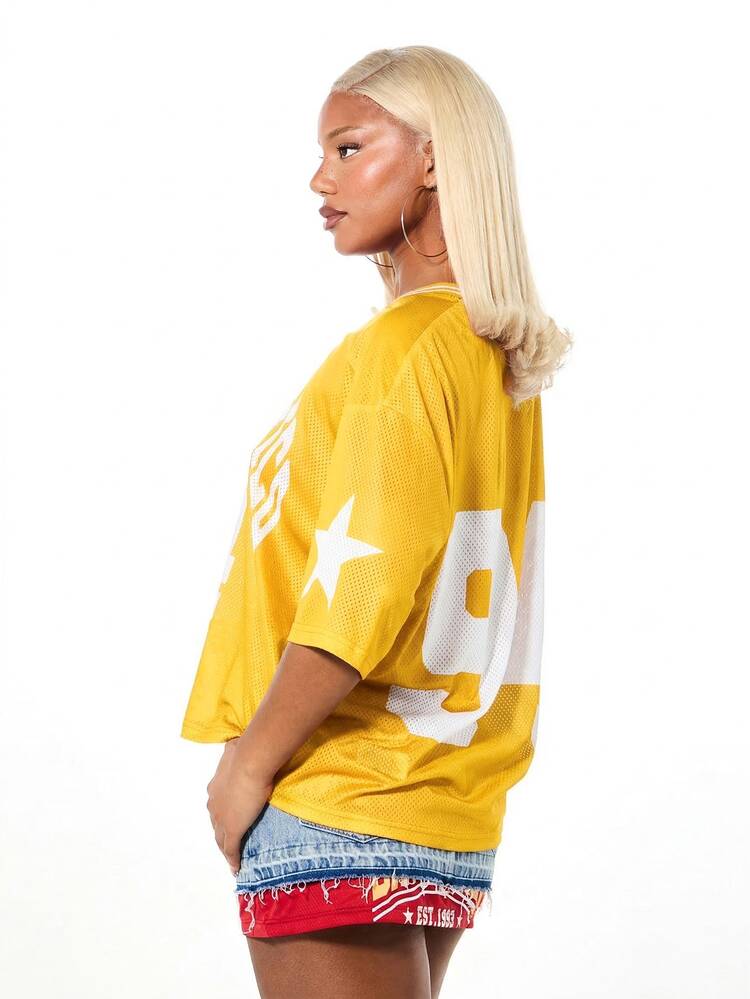 SUMWON WOMEN Oversized Hooded Airtex Football Jersey Top With Puerto Rico Print And Star Details