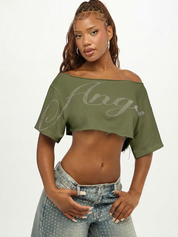SUMWON WOMEN Womens Off Shoulder Crop Top With Rhinestone Logo Short Sleeve Summer Casual Tee