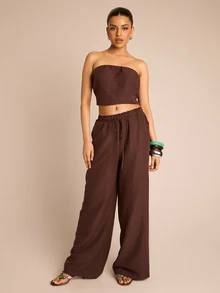 FASHION SZN 时尚季阔腿亚麻裤 - 棕色 - 查看 5