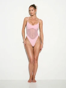 KIZN Mesh Panel One Piece Swimsuit Deep V Neck High Cut Leg Beach Vacation Resort Summer Swimwear - Pink - View 3