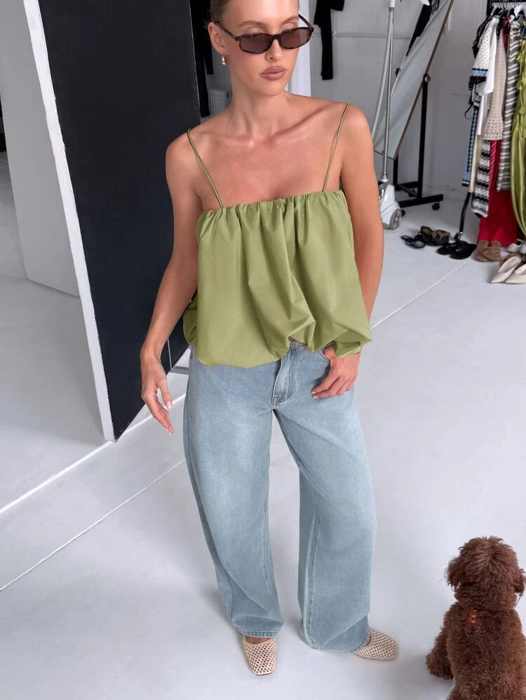 AiiRZ Bohemian Ruched Cami Top With Balloon Hem, Spaghetti Strap