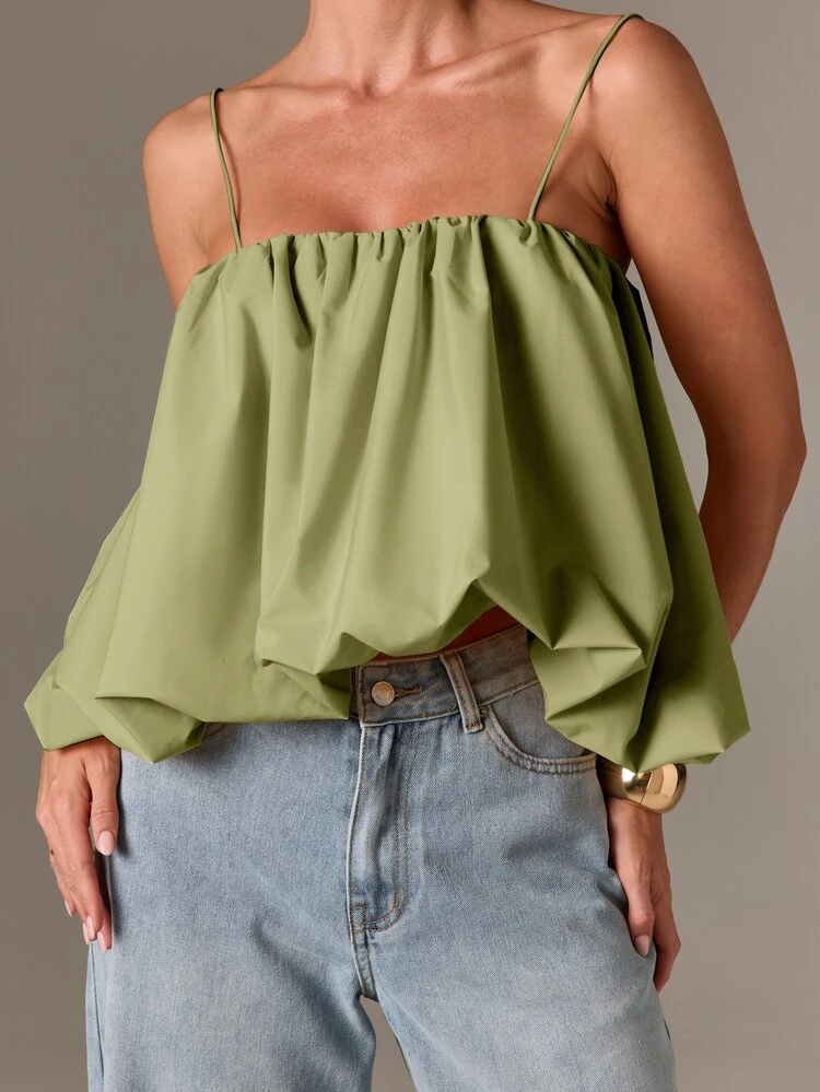 Sage Green Ruched Cami With Balloon Hem