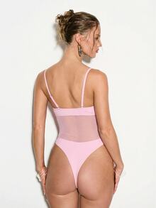 KIZN Mesh Panel One Piece Swimsuit Deep V Neck High Cut Leg Beach Vacation Resort Summer Swimwear - Pink - View 2