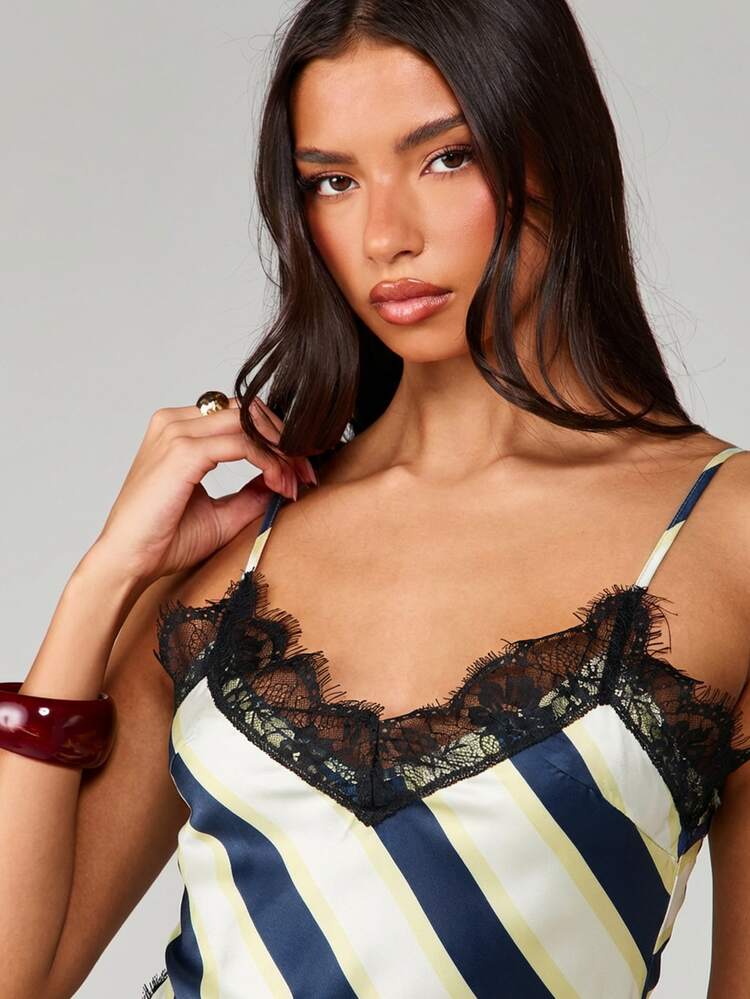 MISSGUIDED Asymmetric Striped Camisole Tank Top With Lace Trim Detail For Women