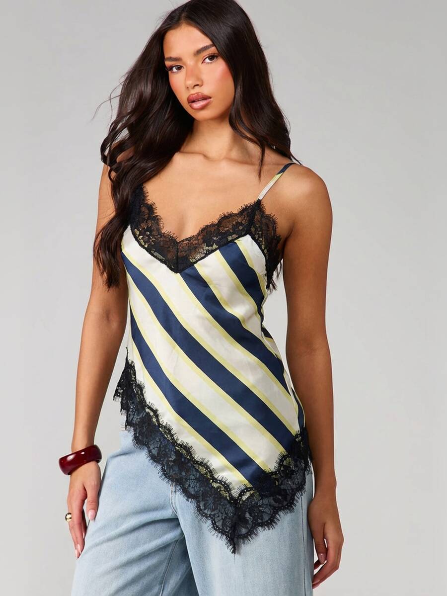 MISSGUIDED Áo tank top hai dây kẻ sọc bất đối xứng với chi tiết viền ren dành cho nữ - Kem - Xem 1