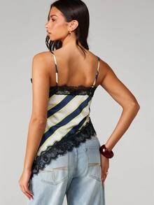 MISSGUIDED Áo tank top hai dây kẻ sọc bất đối xứng với chi tiết viền ren dành cho nữ - Kem - Xem 2