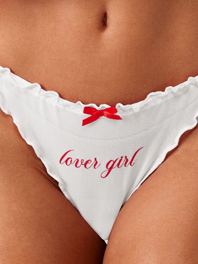 MISSGUIDED White Mesh Thong With Lover Girl Script And Pink Bow Detail Underwear Lingerie