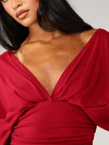 MISSGUIDED 女士红色扭结前襟V领裹身七分袖垂褶露脐上衣，秋冬时尚 - 紅色 - 查看 6
