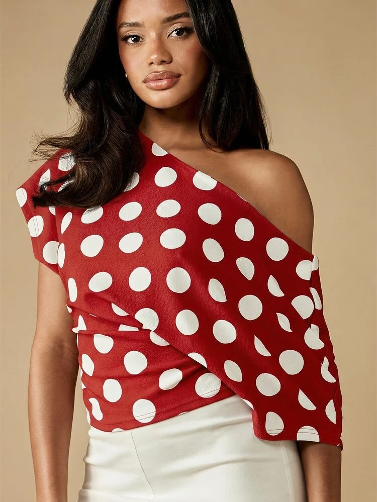 MISSGUIDED Red Polka Dot One Shoulder Tie Waist Blouse With White Dots Off Shoulder Top For Women