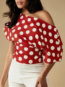 MISSGUIDED Red Polka Dot One Shoulder Tie Waist Blouse With White Dots Off Shoulder Top For Women - Red - View 5