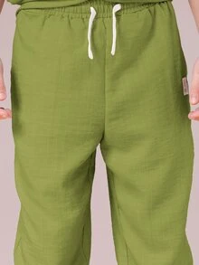 SUMWON Conjunto de Camisa e Calça Coordenado Verde Texturizado com Gola, Estilo Casual de Verão, Duas Peças - Verde Oliva - Visão 5