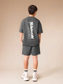 SUMWON Boys Graphic T-Shirt And Shorts Co-Ord Set With Logo Print Summer Casual Matching Outfit For Tweens - Dark Grey - View 1
