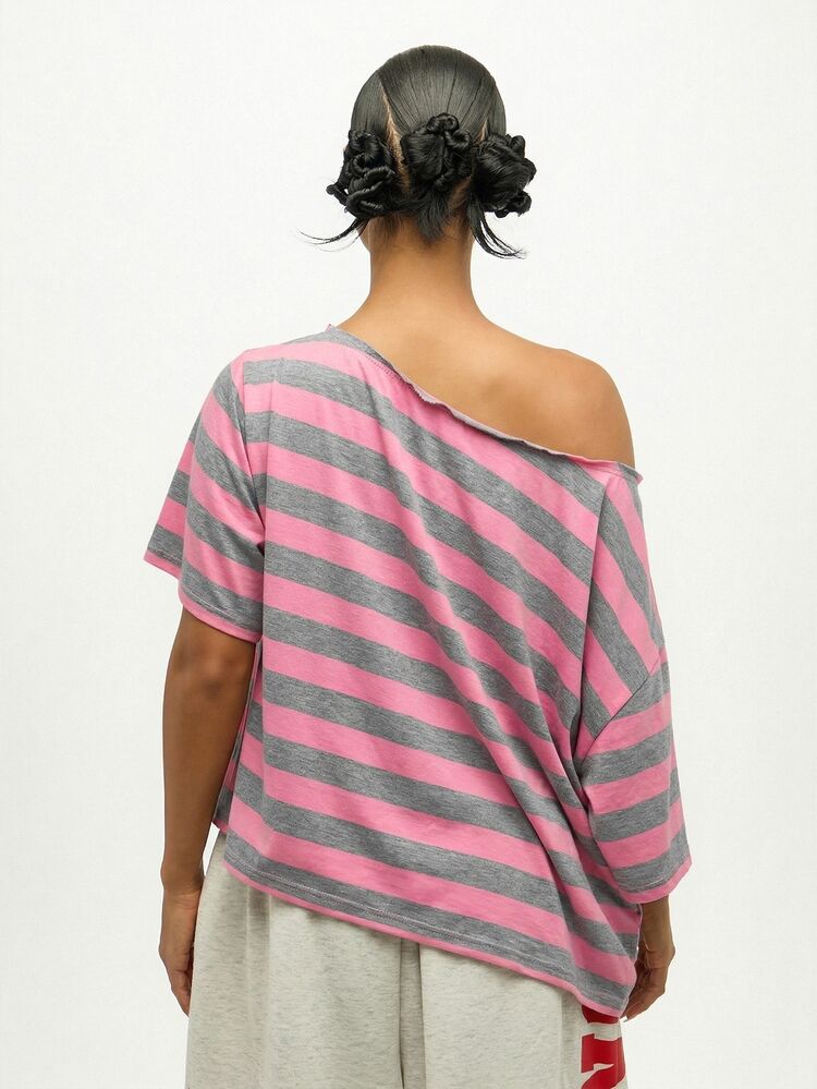 SUMWON WOMEN Plus Size Striped Off Shoulder Top With Tie Front Detail Casual Loose Fit Tunic Blouse For Women Spring Summer Fashion