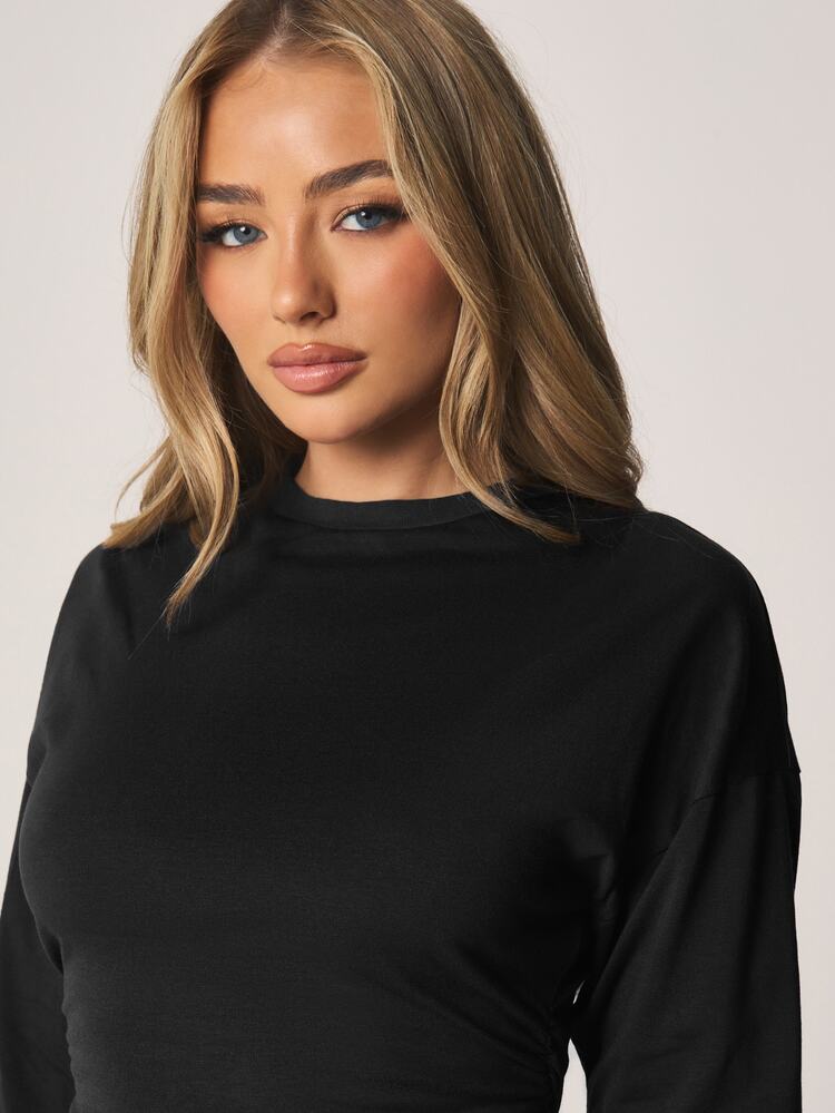 MISSGUIDED Top Preta Feminina com Cintura Marcada, Manga Longa, Detalhe Franzido nos Lados, Gola Redonda, Moda Casual de Outono e Inverno