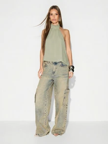 KIZN Sage Green Halter Neck Backless Top With High Neck Design And Draped Detail - Khaki - View 3