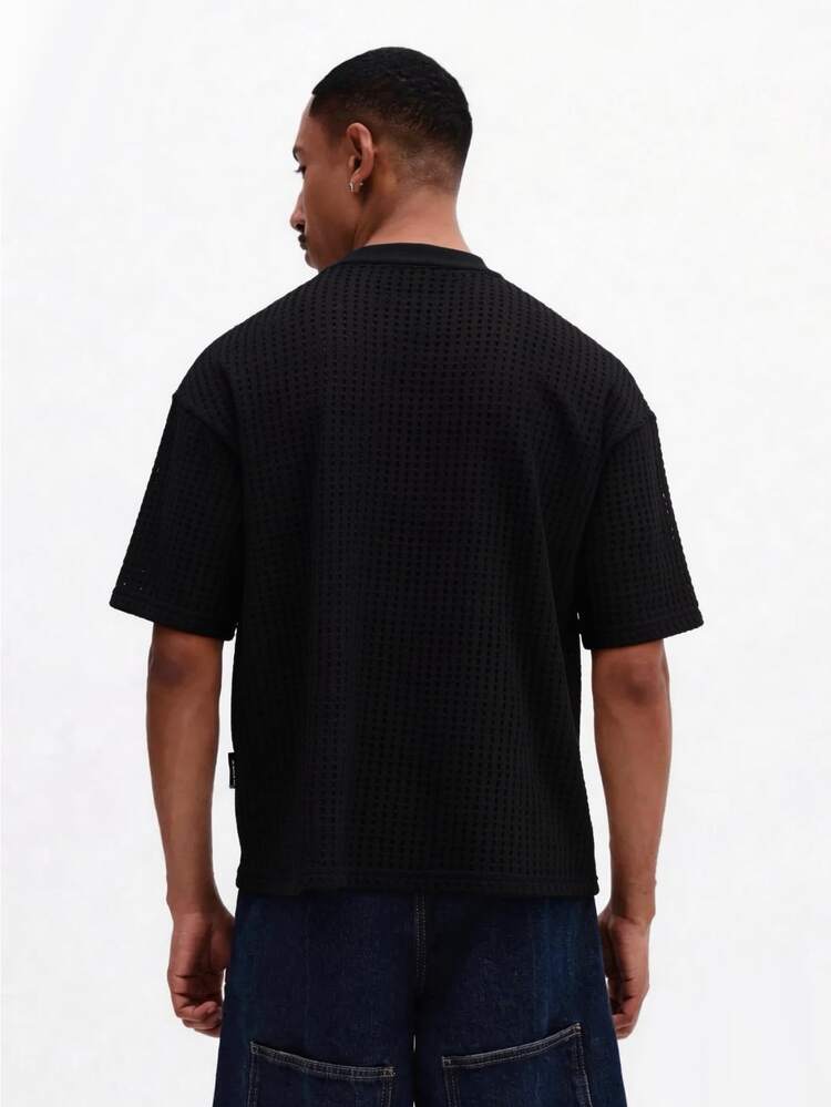 Men's Black Textured Short Sleeve T-Shirt With Waffle Knit Pattern Crew Neck Casual Top, Net Tshirt, T Shirt For Men, Brand Mans T Shirt