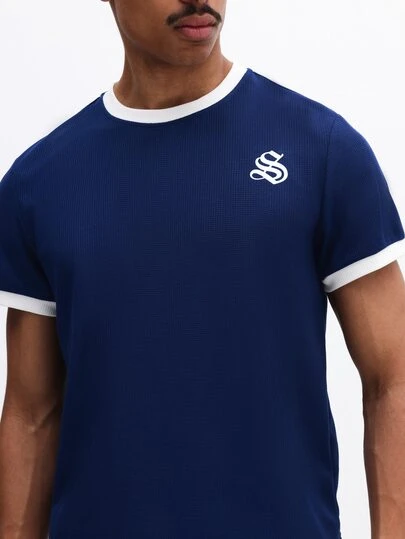 SUMWON 圆领短袖T恤，白色撞色滚边和logo印花，男士休闲T恤