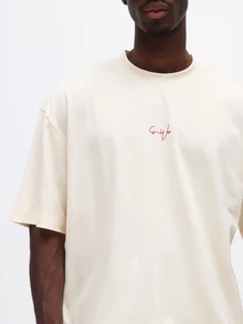 SUMWON Regular Relaxed Fit Crew Neck T Shirt With Bold Red Back Print And Small Front Logo - Beige - View 6