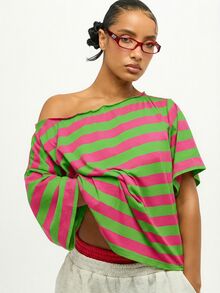 SUMWON WOMEN Áo kiểu trễ vai kẻ sọc cỡ lớn với chi tiết buộc dây phía trước, phong cách mùa hè năng động, cổ áo bất đối xứng, tay ngắn, màu xanh lá cây tươi sáng và hồng, kiểu dáng preppy. - Nhiều màu - Xem 1
