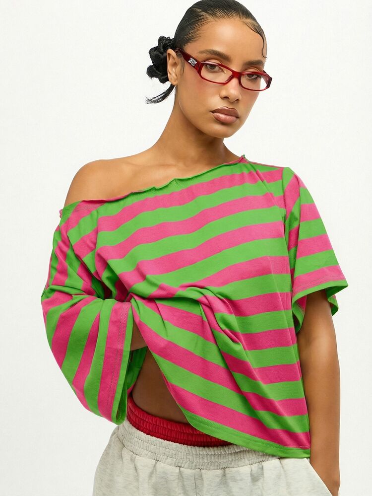 SUMWON WOMEN Plus Size Off Shoulder Striped Top With Front Tie Detail Summer Casual Loose Fit Asymmetrical Neckline Short Sleeve Bright Green Pink Preppy Style Tee