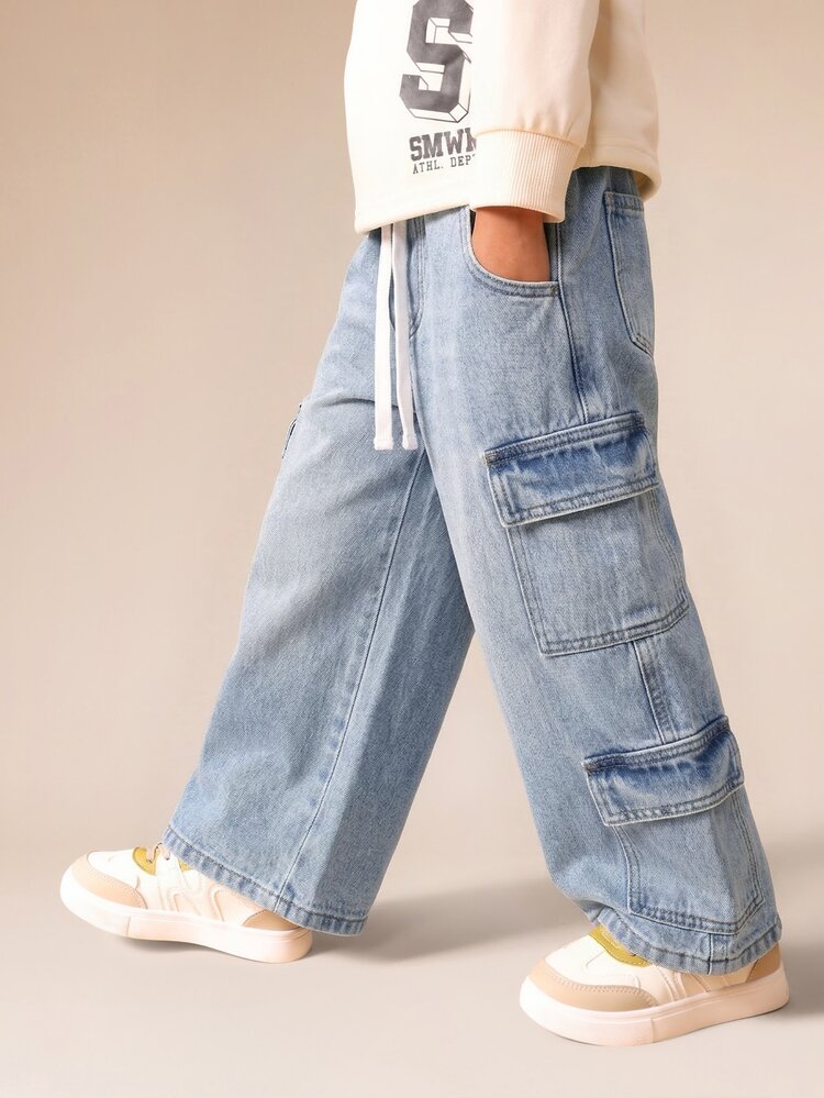 Boys Wide Leg Cargo Jeans With Multiple Pockets Light Blue Denim Casual Pants Streetwear Style