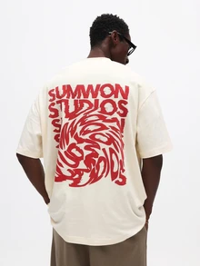 SUMWON Regular Relaxed Fit Crew Neck T Shirt With Bold Red Back Print And Small Front Logo - Beige - View 4