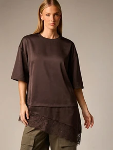 AiiRZ Women's Oversized T-Shirt With Lace Hem Detail Short Sleeve Top Asymmetrical Design Casual Everyday Wear - Brown - View 1