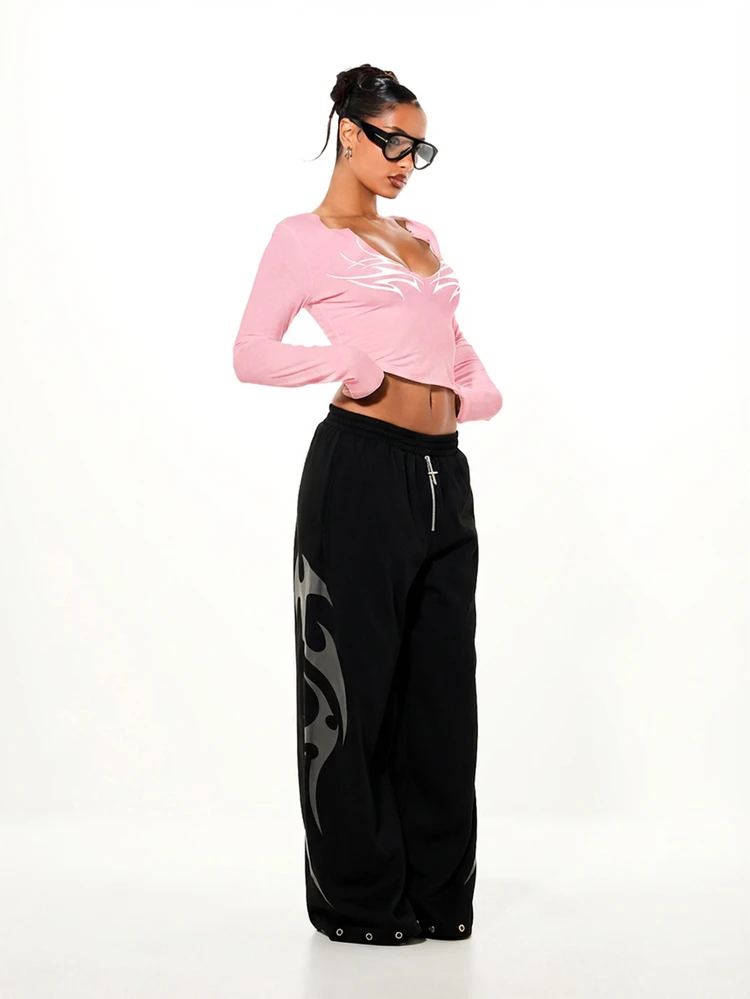 SUMWON WOMEN Long Sleeve Pink Crop Top With White Flame Print Deep V Neck Ruched Waist Design Casual Fitted Pullover