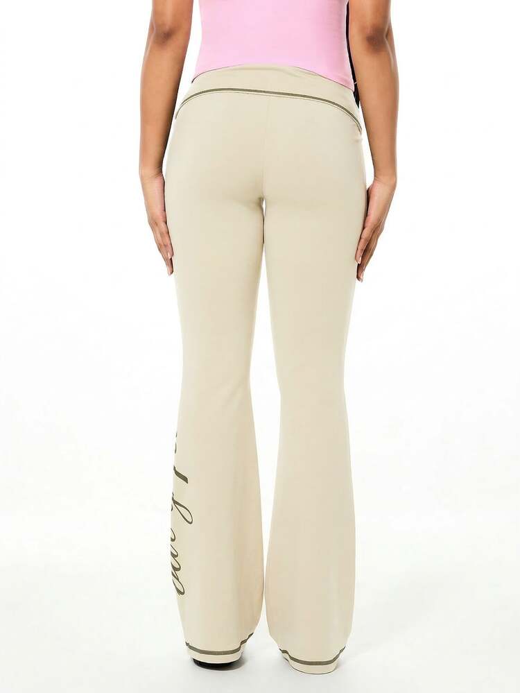 BABYPHAT Women Fold Over Waist Flare Leggings With Contrast Detail And Text Print