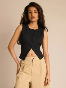 FASHION SZN Áo tank top nữ gân sọc cài nút, áo vest cơ bản nữ, áo vest đen thường ngày, áo thể thao không tay, áo cơ bản hàng ngày phong cách Y2K, áo du lịch tối giản, chất liệu co giãn. - màu đen - Xem 1