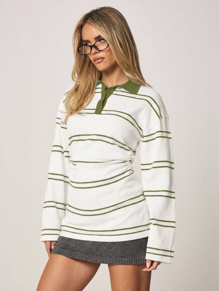 MISSGUIDED Women's Striped Rugby Polo Sweater With Contrast Collar Long Sleeve Cinched Waist Pullover Top Fall Winter Knit